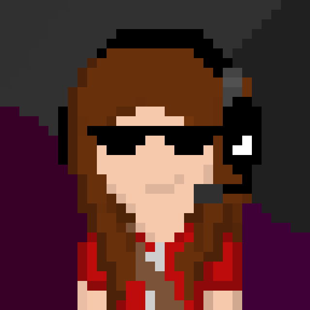 My avatar character; a brunette girl in a red shirt with sunglasses and a headset.